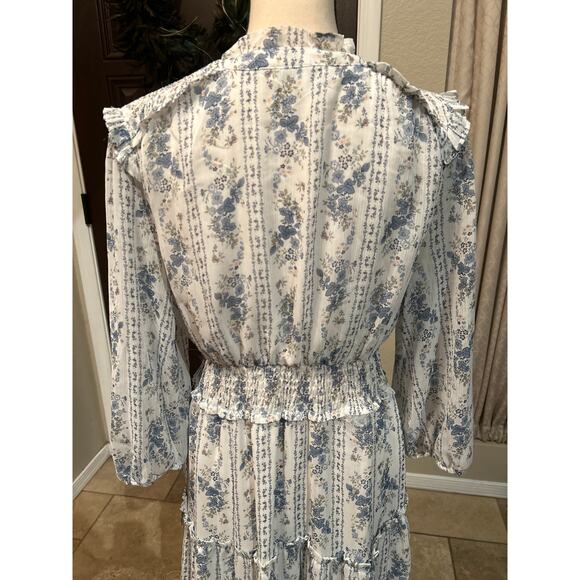 White and Blue Whimsical Floral Prairie Maxi Dress - Picture 5 of 9